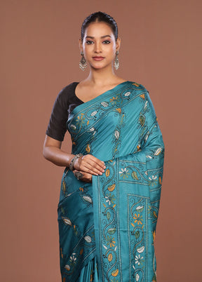 Green Kantha Stitch Silk Saree With Blouse Piece