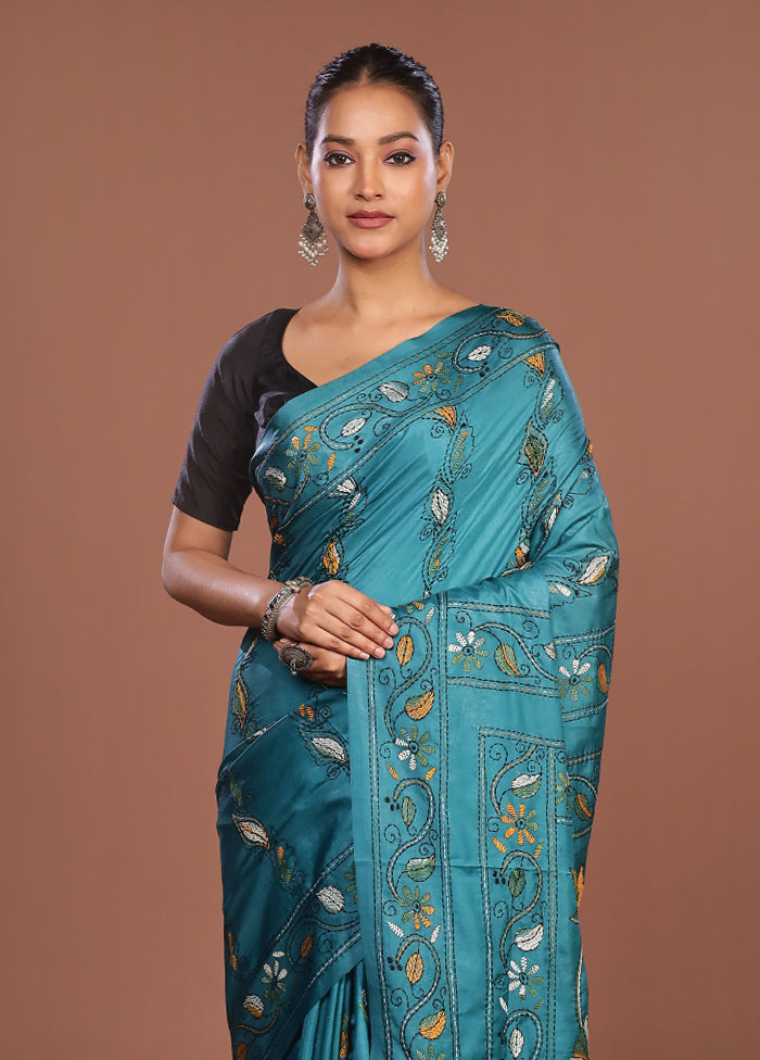 Green Kantha Stitch Silk Saree With Blouse Piece
