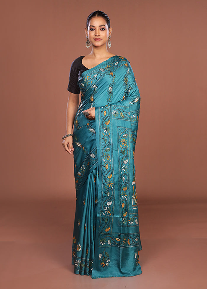 Green Kantha Stitch Silk Saree With Blouse Piece
