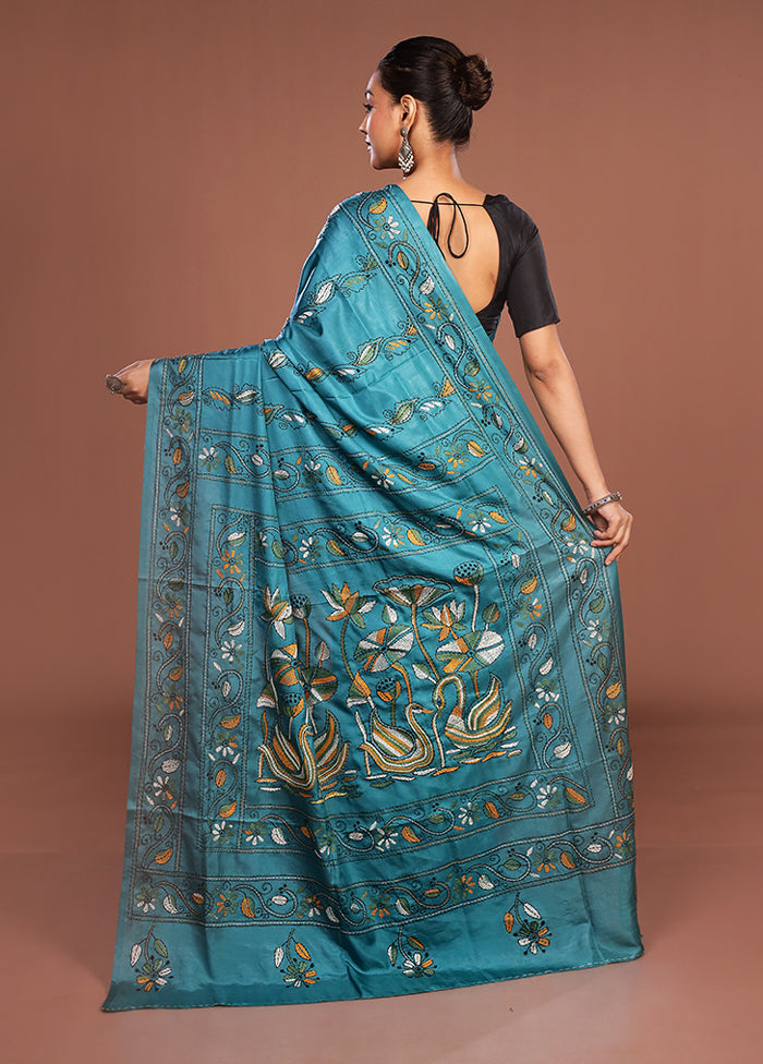 Green Kantha Stitch Silk Saree With Blouse Piece