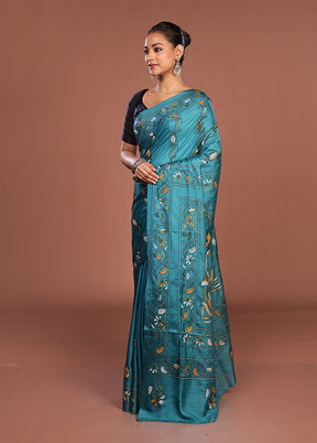 Green Kantha Stitch Silk Saree With Blouse Piece