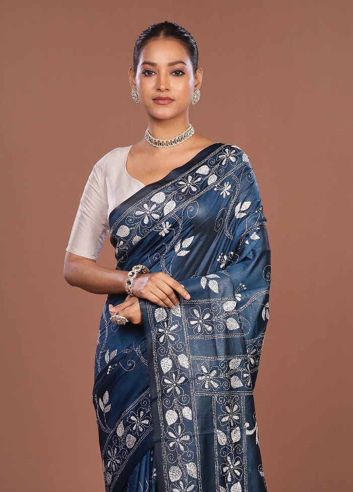 Blue Kantha Stitch Silk Saree With Blouse Piece