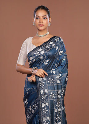 Blue Kantha Stitch Silk Saree With Blouse Piece