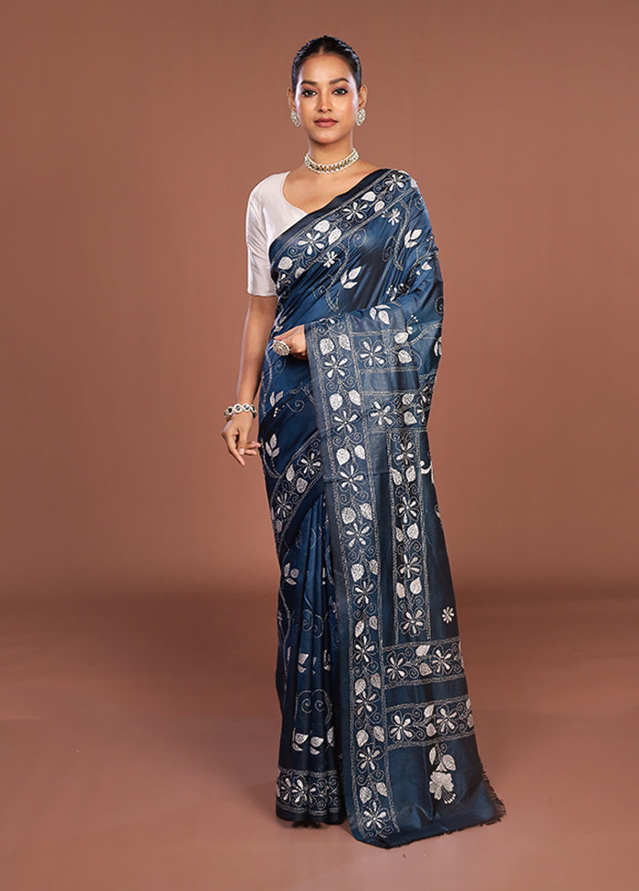Blue Kantha Stitch Silk Saree With Blouse Piece