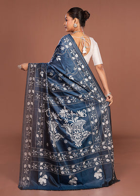 Blue Kantha Stitch Silk Saree With Blouse Piece