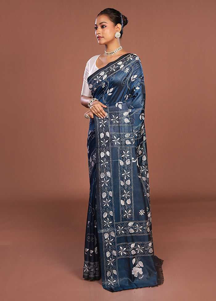 Blue Kantha Stitch Silk Saree With Blouse Piece