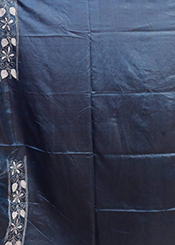 Blue Kantha Stitch Silk Saree With Blouse Piece