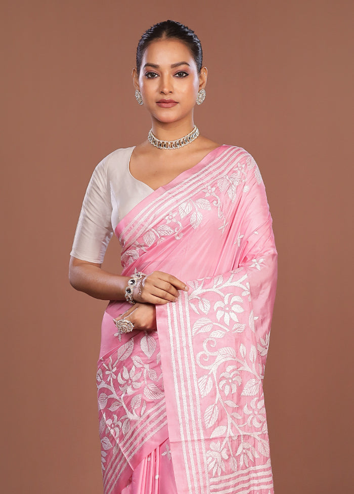Pink Kantha Stitch Silk Saree With Blouse Piece