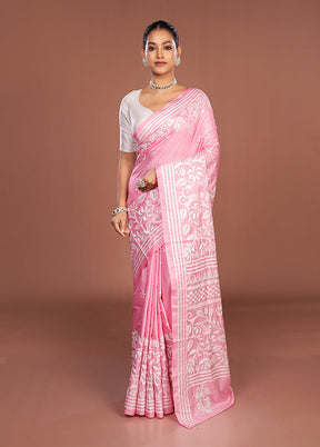 Pink Kantha Stitch Silk Saree With Blouse Piece