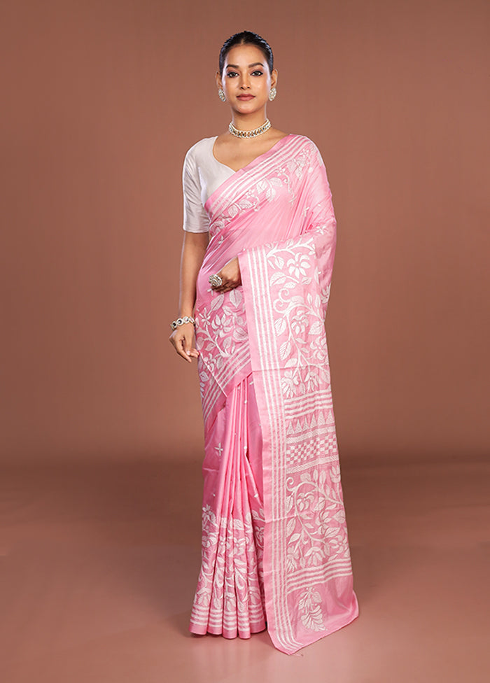Pink Kantha Stitch Silk Saree With Blouse Piece