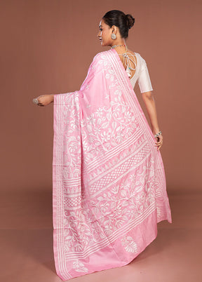 Pink Kantha Stitch Silk Saree With Blouse Piece