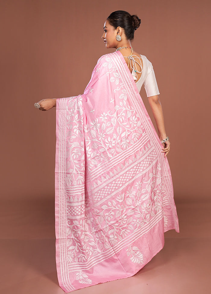 Pink Kantha Stitch Silk Saree With Blouse Piece