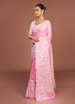 Pink Kantha Stitch Silk Saree With Blouse Piece