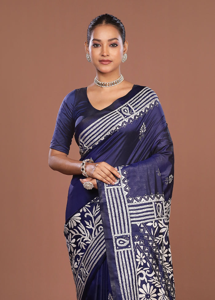Blue Kantha Stitch Silk Saree With Blouse Piece