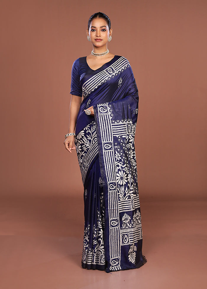 Blue Kantha Stitch Silk Saree With Blouse Piece