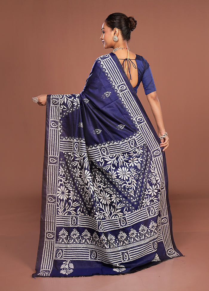 Blue Kantha Stitch Silk Saree With Blouse Piece