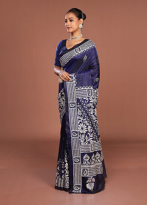 Blue Kantha Stitch Silk Saree With Blouse Piece