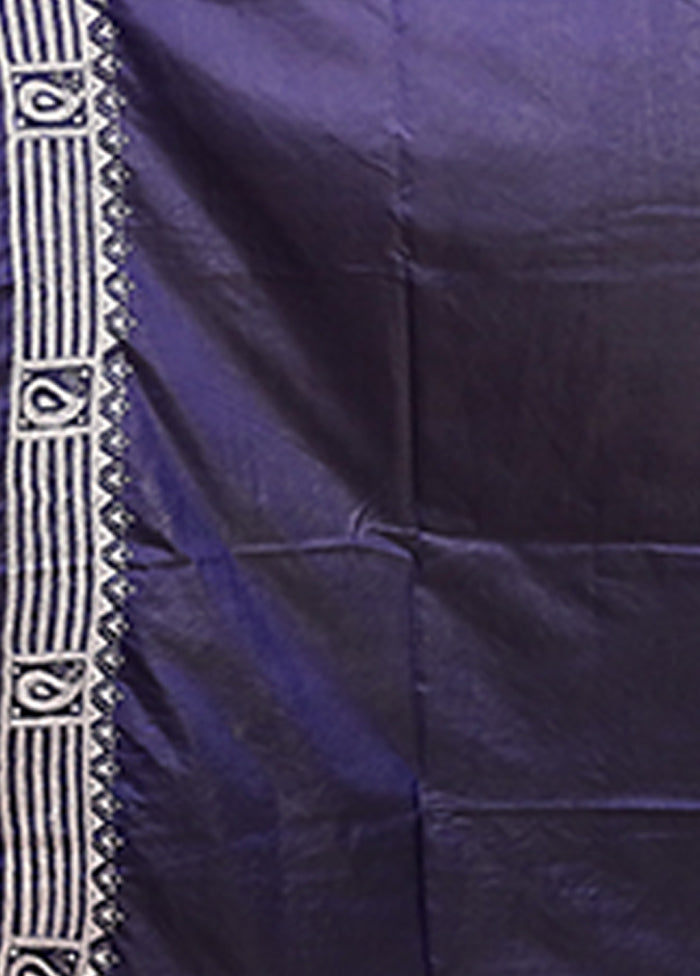 Blue Kantha Stitch Silk Saree With Blouse Piece