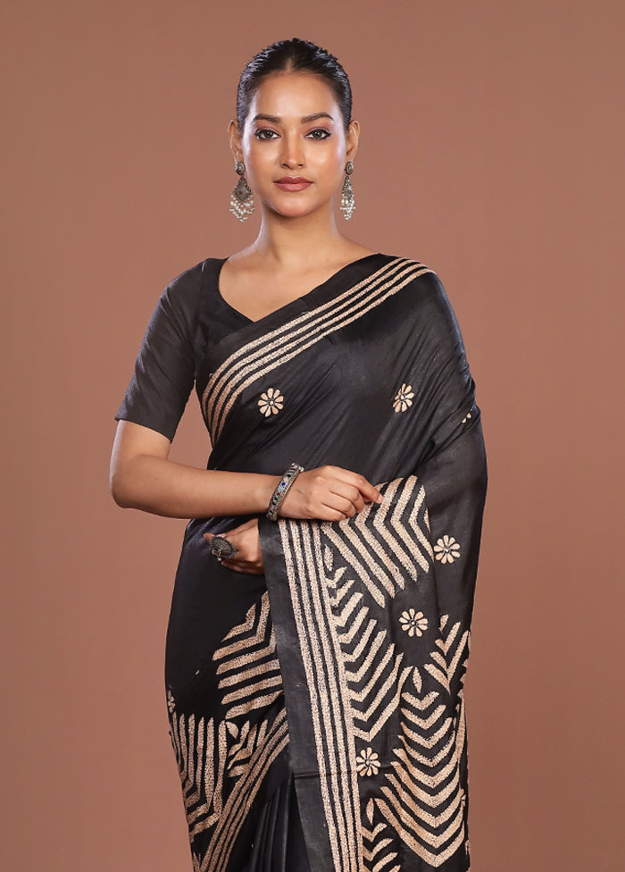 Black Kantha Stitch Silk Saree With Blouse Piece