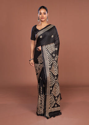 Black Kantha Stitch Silk Saree With Blouse Piece