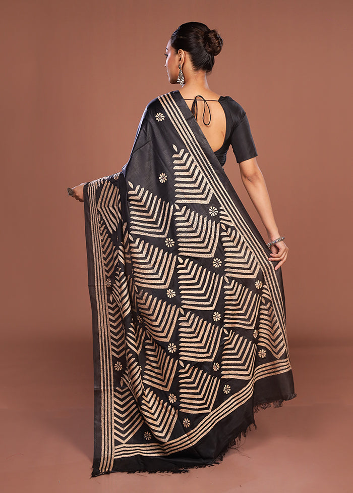 Black Kantha Stitch Silk Saree With Blouse Piece