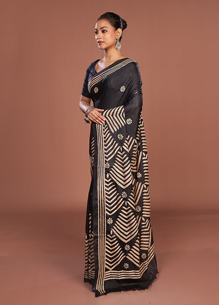 Black Kantha Stitch Silk Saree With Blouse Piece