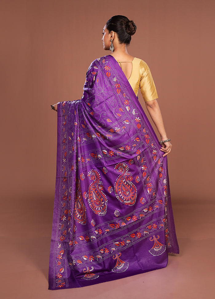 Purple Kantha Stitch Silk Saree With Blouse Piece