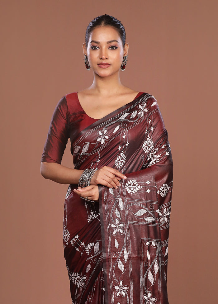 Maroon Kantha Stitch Silk Saree With Blouse Piece