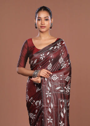 Maroon Kantha Stitch Silk Saree With Blouse Piece