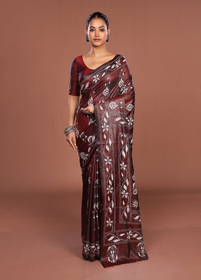 Maroon Kantha Stitch Silk Saree With Blouse Piece