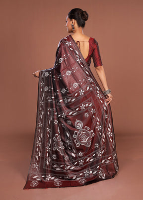 Maroon Kantha Stitch Silk Saree With Blouse Piece