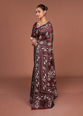 Maroon Kantha Stitch Silk Saree With Blouse Piece