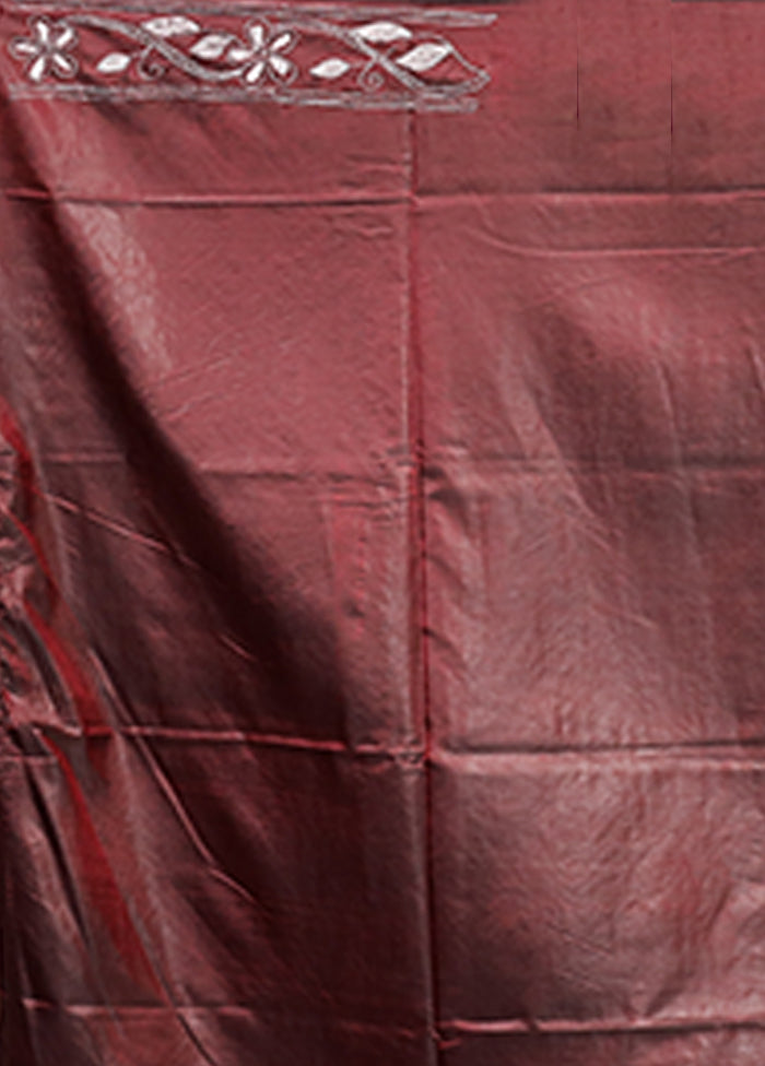 Maroon Kantha Stitch Silk Saree With Blouse Piece