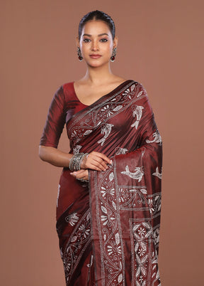 Maroon Kantha Stitch Silk Saree With Blouse Piece