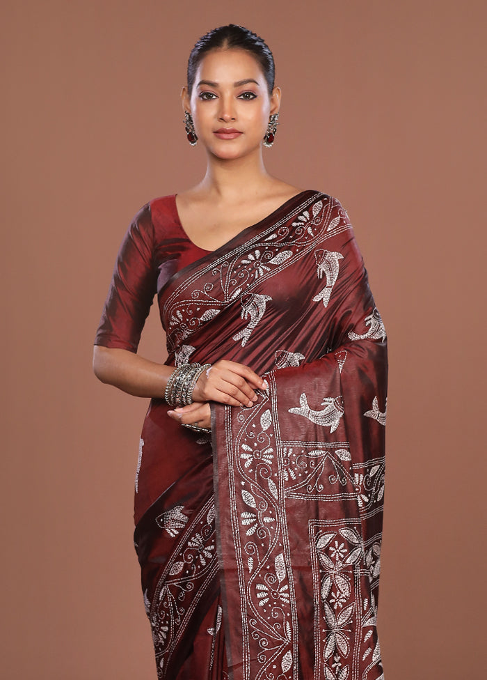 Maroon Kantha Stitch Silk Saree With Blouse Piece