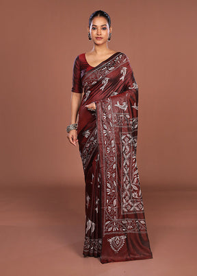 Maroon Kantha Stitch Silk Saree With Blouse Piece