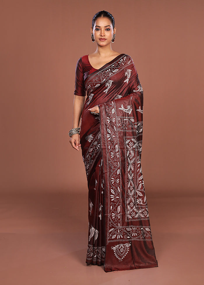 Maroon Kantha Stitch Silk Saree With Blouse Piece