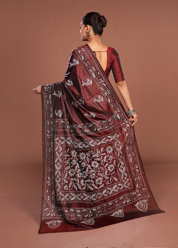 Maroon Kantha Stitch Silk Saree With Blouse Piece