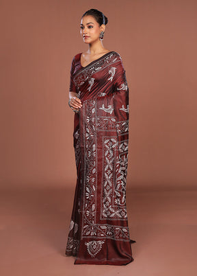 Maroon Kantha Stitch Silk Saree With Blouse Piece