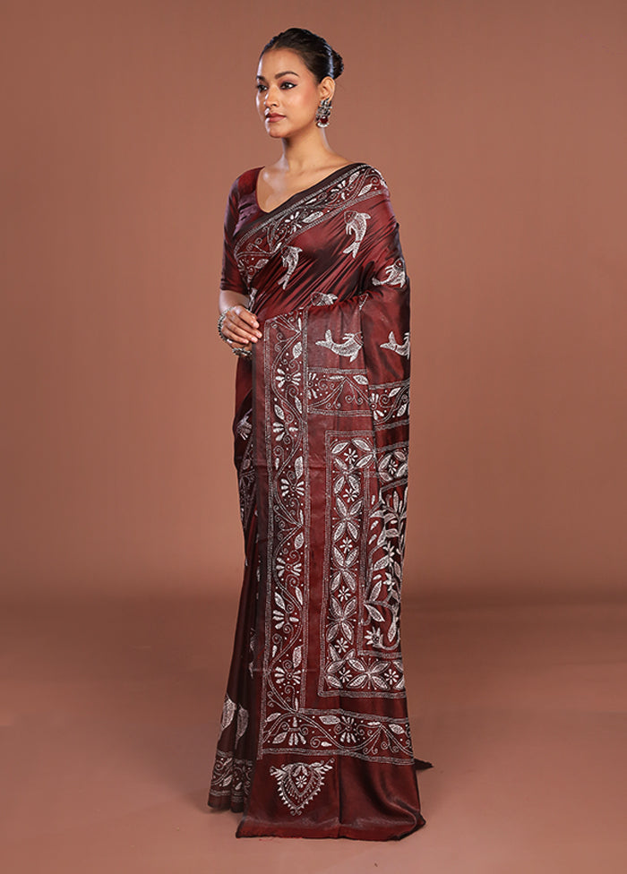 Maroon Kantha Stitch Silk Saree With Blouse Piece
