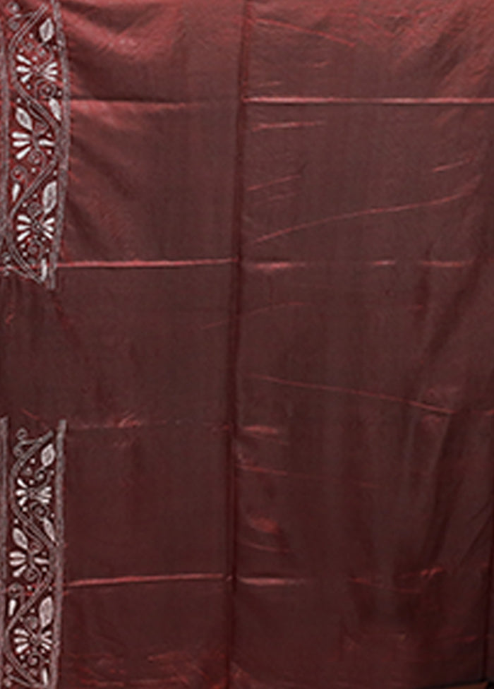 Maroon Kantha Stitch Silk Saree With Blouse Piece