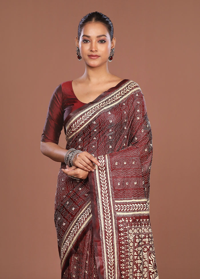 Maroon Kantha Stitch Silk Saree With Blouse Piece