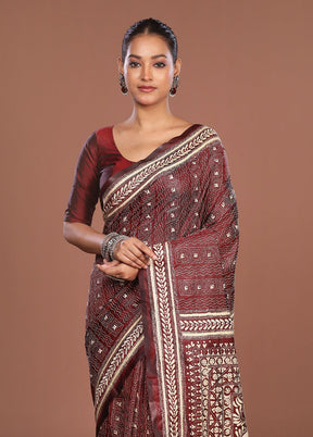Maroon Kantha Stitch Silk Saree With Blouse Piece