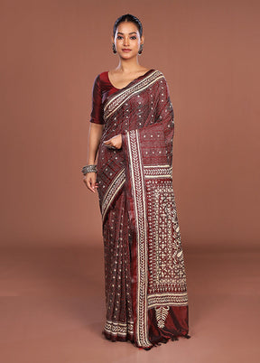 Maroon Kantha Stitch Silk Saree With Blouse Piece