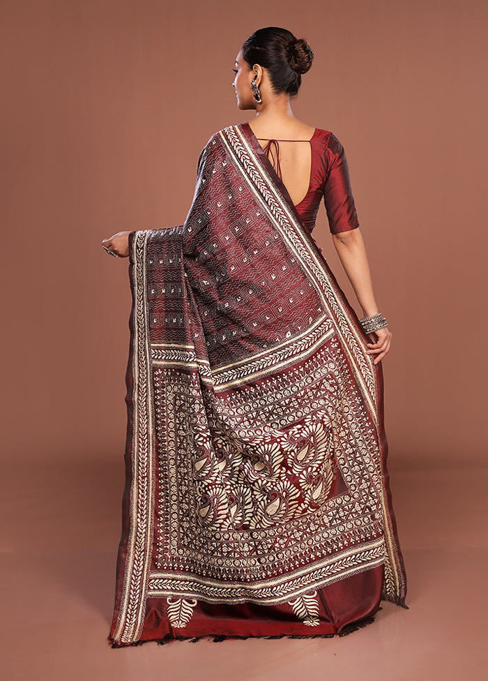 Maroon Kantha Stitch Silk Saree With Blouse Piece