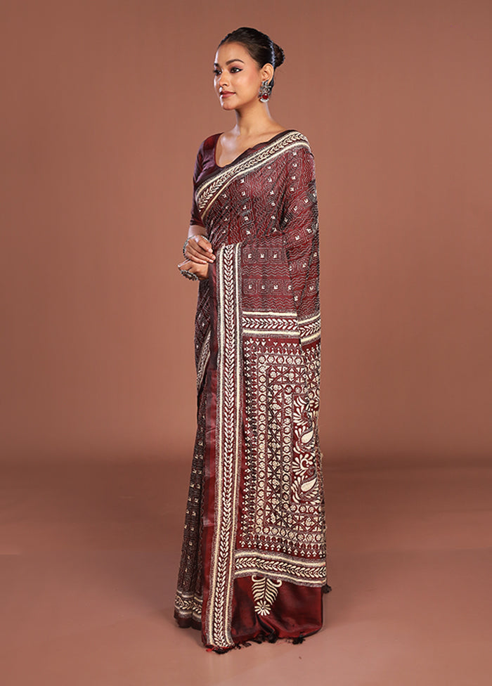 Maroon Kantha Stitch Silk Saree With Blouse Piece