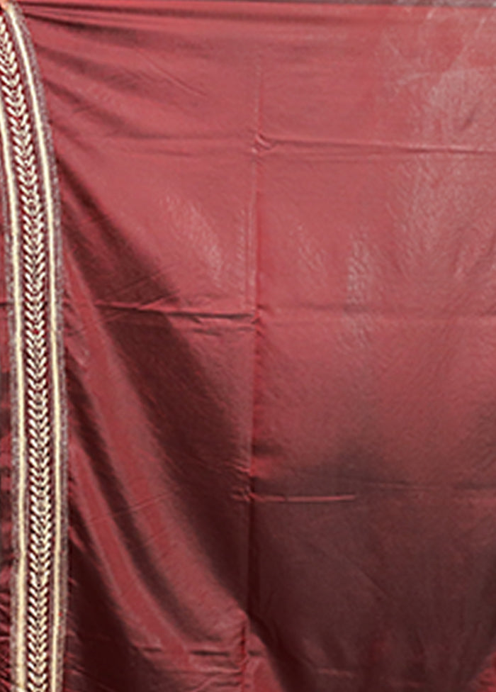 Maroon Kantha Stitch Silk Saree With Blouse Piece