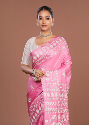 Pink Kantha Stitch Silk Saree With Blouse Piece