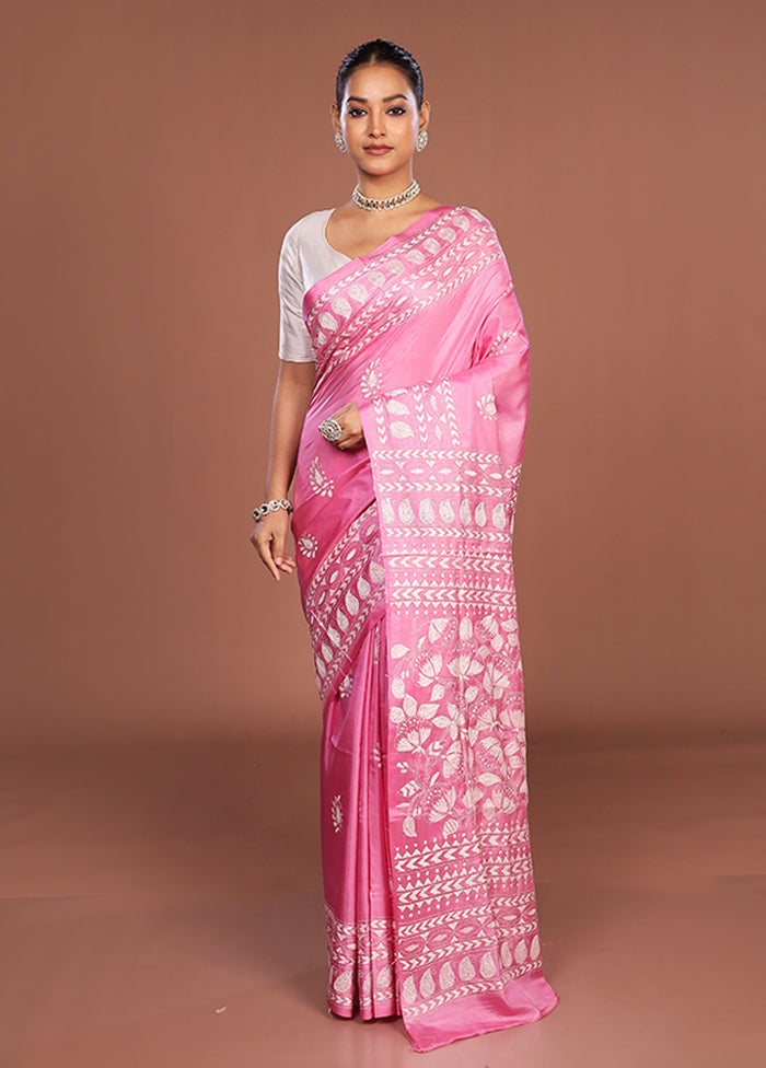 Pink Kantha Stitch Silk Saree With Blouse Piece