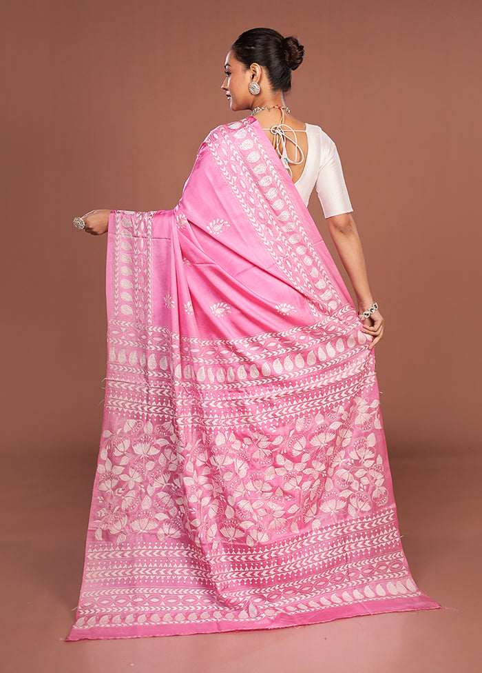 Pink Kantha Stitch Silk Saree With Blouse Piece